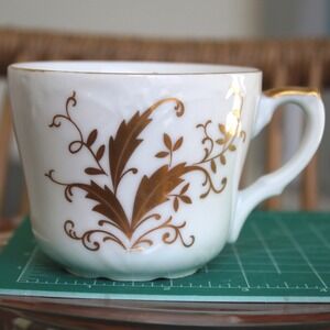 Lefton 6210 Porcelain Mustache Cup White Gold Gilt Floral Scroll Teacup
